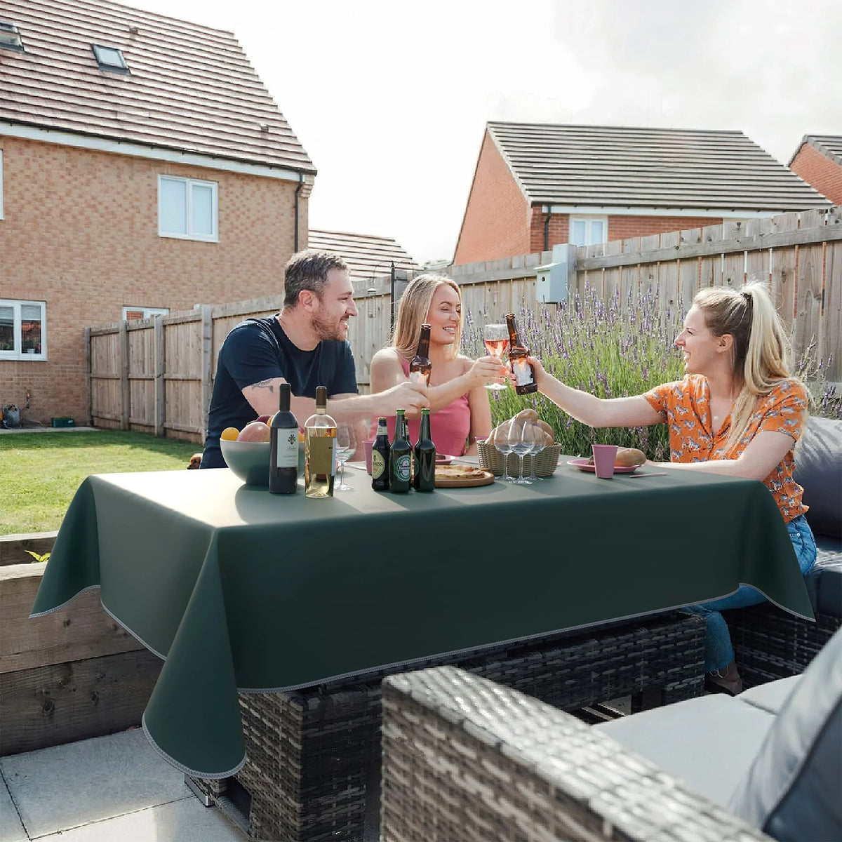 outdoor picnic with green vinyl tablecloth