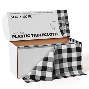54 In. x 100 Ft. Cut to Size Plastic Table Cover | Black Gingham | Case of 6