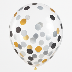 Elegant Confetti Latex Balloons - 12" Black, Silver, and Gold (6 Pack)