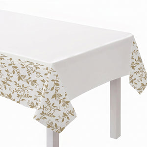 50th Anniversary White and Gold Plastic Table Cover - Elegant Floral Vine Rectangular Party Tablecloth, Wipeable Disposable Tablecloth for Wedding Anniversary Decor, 54 x 102