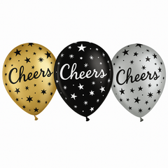Cheers Star-Print Latex Balloons, Black/Gold/Silver, 11-Inch, 15-Pack