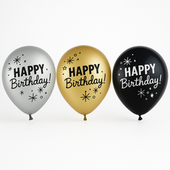 Confetti Birthday Latex Balloons - Black, Gold, Silver, 11-Inch, 15-Pack