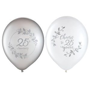 Silver & White 25th Anniversary Latex Balloons - 12", Pack of 15