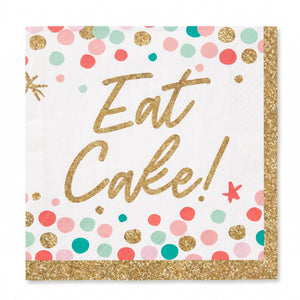 "Eat Cake!" Birthday Beverage Napkins - Gold & Pastel Confetti, 36-Pack - 5 In. X 5 In.