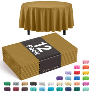 Premium Round Gold Plastic Table Covers | 12 Pack - 84 in.