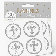 Elegant Sacraments Cross Round Labels - Silver, 1.7-Inch, 20-Pack
