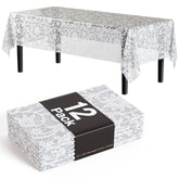 White Lace Plastic Table Covers | 12 Pack - 54 In. x 108 In.