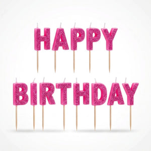Pink Glitter Happy Birthday Letter Candle Picks | 13 Count