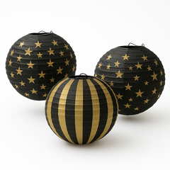 Hollywood Glitz & Glam Gold Stars and Stripes Paper Lanterns, 3-Pack