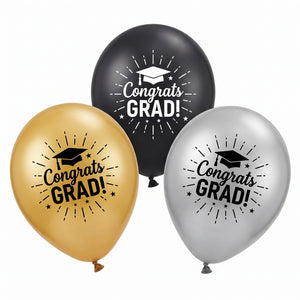Congrats Grad Latex Balloons - Black, Gold & Silver, 12-inch, 15-Pack