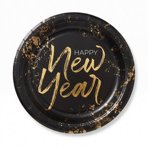 "Cheers For The New Year" 10-Inch Round Paper Plates - Black/Gold, 20-Pack