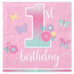 Butterfly Garden 1st Birthday Beverage Napkins - 5 In. X 5 In.