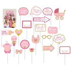 Glitter Pink & Gold Baby Shower Photo Booth Props Set, 21-Piece