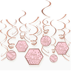 Blush Birthday Swirl Hanging Decorations, Rose Gold, 12-Pack