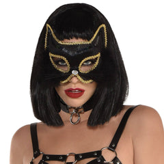 Elegant Black Marabou Cat Mask with Gold Trim