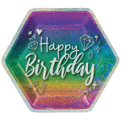 Prismatic Sparkle Hexagon "Happy Birthday" Paper Plates - 9-Inch (8-Pack)