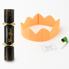 "Happy New Year" Party Crackers with Crown, Toy, and Riddle - 8 Pack
