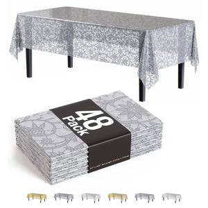 Silver Lace Plastic Table Cover | Case of 48 | 54 in. x 108 in.