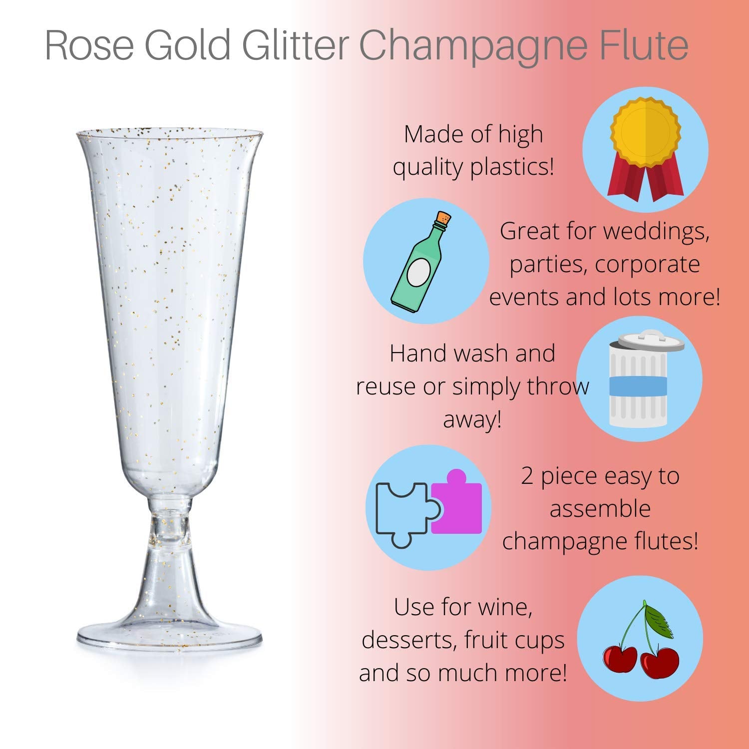 5 Oz. Rose Gold Sparkle Plastic Flute Glasses | 12 Count