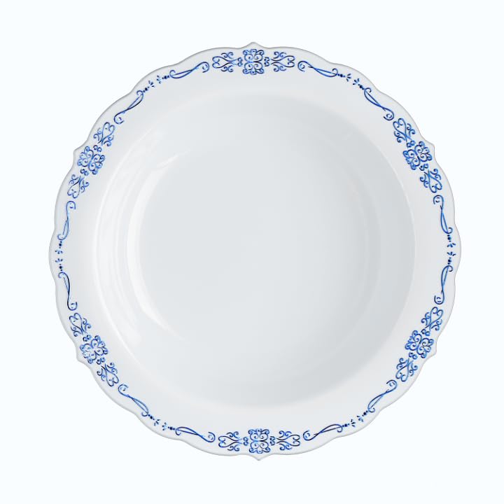 12 Oz. White / Navy Victorian Design Bowls | 20 Count