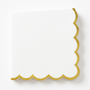 White Scalloped Beverage Napkins with Gold Stamp - 5 In. X 5 In.