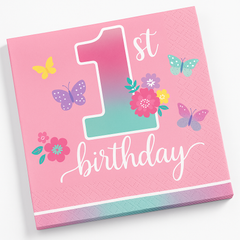 Butterfly Garden 1st Birthday Beverage Napkins - 5 In. X 5 In.