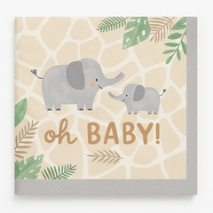 Jungle Baby "Oh Baby" Elephant Beverage Napkins - 16 Pack - 5 In. X 5 In.