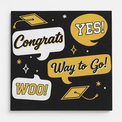 "Congrats Way to Go" Graduation Beverage Napkins - 16 Pack, Black/Gold - 5 In. X 5 In.