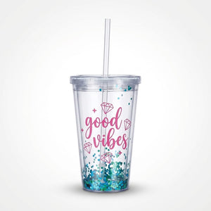 Sparkle "Good Vibes" Double Wall Tumbler with Straw, 12oz