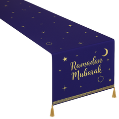 "Ramadan Mubarak" Navy & Gold Table Runner - 14x72-in Fabric Decoration