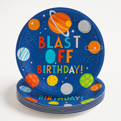 Blast Off Birthday Round Paper Plates, 10.5", 8-Pack
