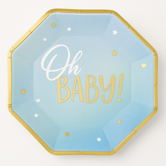 "Oh Baby!" Blue and Gold Octagonal Dinner Plates - 10", 8-Pack