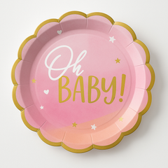 "Oh Baby!" Pink and Gold Scalloped Dinner Plates, 10.5-inch, 8 Pack