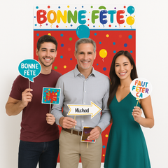 Birthday Party "Bonne Fête" Scene Setter with Fun Photo Booth Props Kit