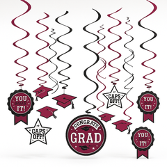 Maroon "Congrats Grad" Swirl Hanging Decorations - 12 Pack