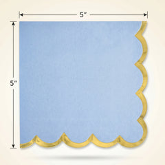 Scalloped Edge Beverage Napkins - Ice Blue with Gold Foil Border, Decorative Cocktail Napkins for Baby Shower, Birthday, Tea Party, Christening - 5 In. X 5 In.