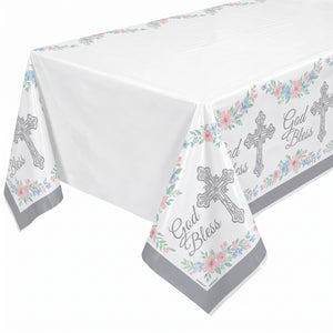 God Bless Holy Day Plastic Table Cover - 54" x 102" Reusable Decoration