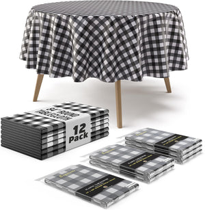 Round Black Gingham Plastic Table Covers | 12 Pack - 84 in.