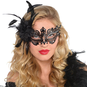Black Filigree Feather Masquerade Mask with Rhinestone Accents