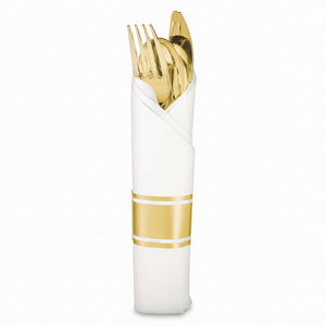 Elegant Gold Rolled Cutlery Set with Printed Guest Towel 10 pack