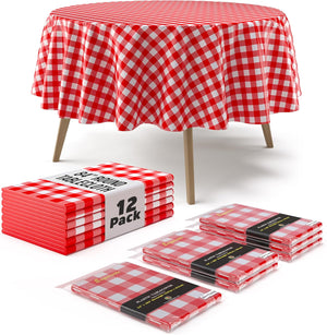 Round Red Gingham Plastic Table Covers | 12 Pack - 84 in.