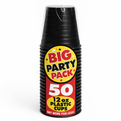 Jet Black 12oz Plastic Cups - 50 Pack