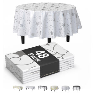 84 in. Round Silver Star Printed Plastic Table Cover | Case of 48