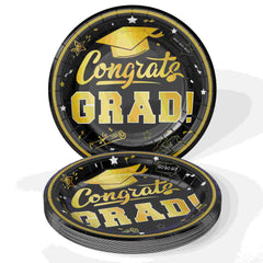 9 In. Black/Gold Graduation Plates | 24 Count