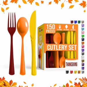 150 Pc. Thanksgiving Plastic Cutlery Combo Set | Fall Colors