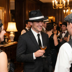 Black Gangster Fedora Hat with White Satin Band