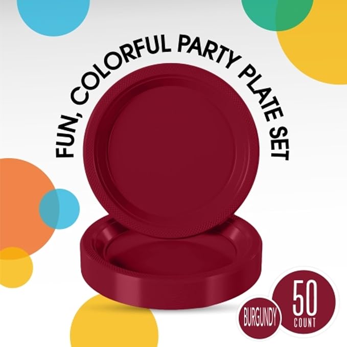 7 In. Burgundy Plastic Plates | 50 Count