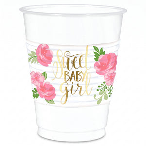 Floral Baby Shower 16oz Plastic Cups - Sweet Baby Girl Design, 25-Pack