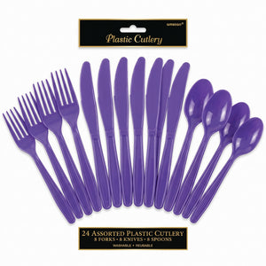 Purple Assorted Plastic Cutlery Set - 24 Pieces - 7.5 in.