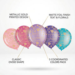 Happy Birthday Floral Latex Balloons - Gold Print Assorted Pink Purple Blue Teal 12-Inch 20-Pack for Elegant Birthday Party Decorations